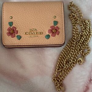 Coach Cardholder Pink Peach Leather Embroidery  gold chain Crossover Bag NWOT
